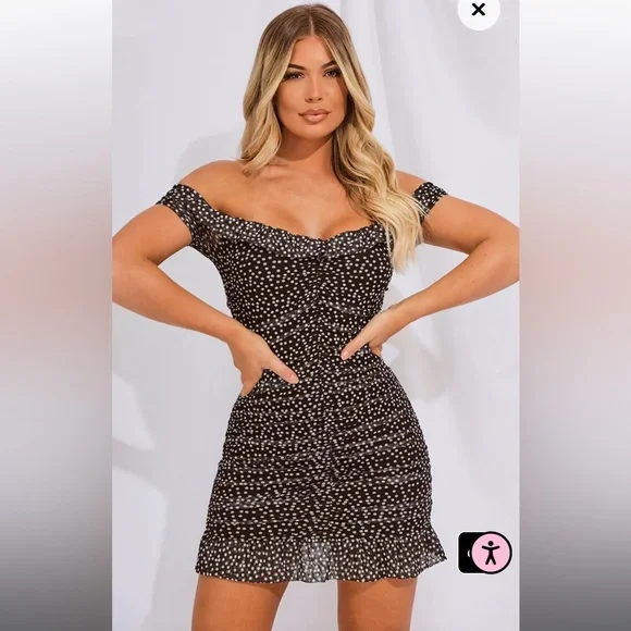 PRETTYLITTLETHING , Black Polka Dot Mesh Ruched Frill Hem Bodycon Dress.